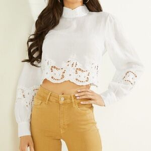 GUESS Embroidered Detailed White Lace Long sleeve Blouse Size L  NWOT